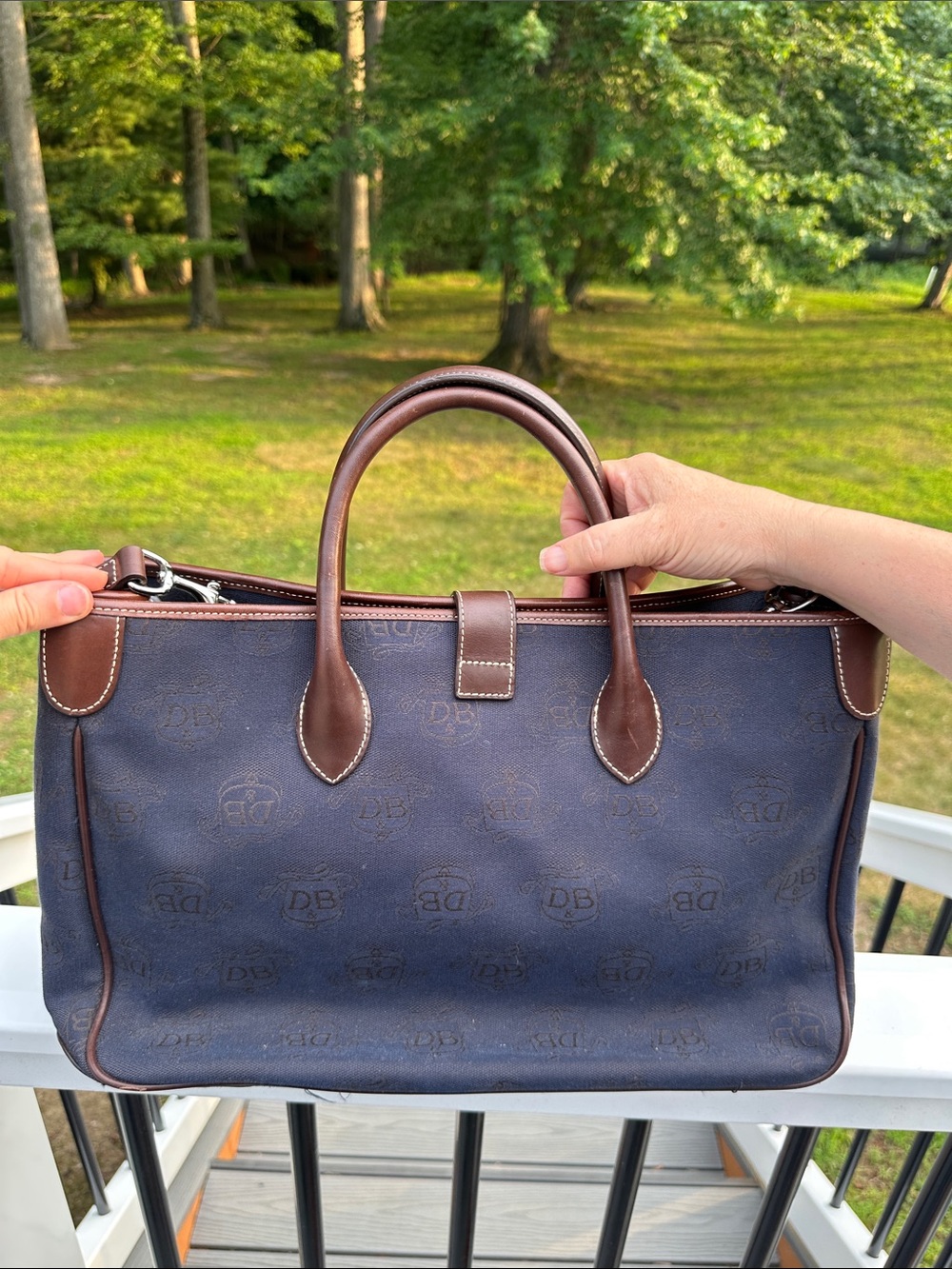 Dooney & Bourke Navy and Brown Monogram Handbag with Matching Pouch - Picture 8 of 16